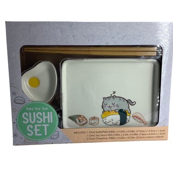 Kawaii Cute Cat Make Your Own Sushi Set Plate Soy Sauce Dish Chopsticks Server - Picture 1 of 5